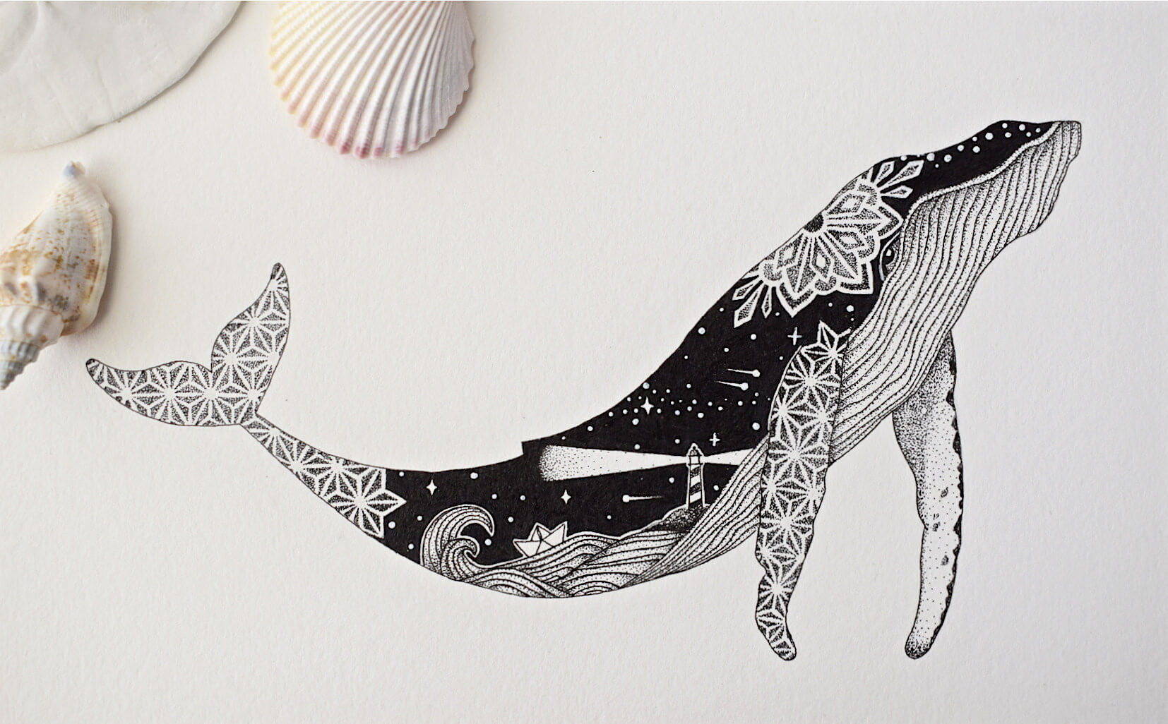 lighthouse ocean whale drawing